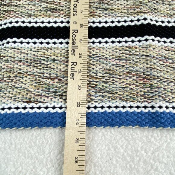Hand Woven Throw Rug 36x24 Blue Black Stripe Chindi Rag Reversible‎ Fringe - Picture 5 of 7